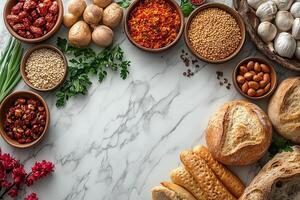 Traditional persian new year nowruz food creating a frame with copy space on a marble table photo