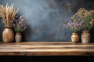 Empty wooden table displaying nowruz, the persian new year, setup with flowers and wheat in rustic vases against a textured backdrop copy space photo
