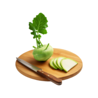 Green kohlrabi stem with wooden chopping board on transparent background png