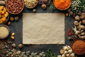 Parchment paper surrounded by spices, nuts, herbs, and flowers, creating a nowruz themed backdrop for persian new year storytelling and poetry copy space photo
