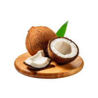 Whole and sliced coconut fruit with wooden chopping board on transparent background png