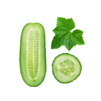 Half sliced cucumber with green leaf isolated on transparent background png