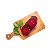 Top view of sliced beetroot vegetable in a chopping board on transparent background png