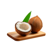 Whole and sliced coconut fruit with chopping board on transparent background png