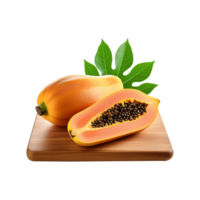 Papaya fruit with leaf in a wooden chopping board on transparent background png