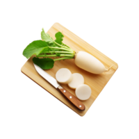 White radish with chopping board and knife on transparent background png
