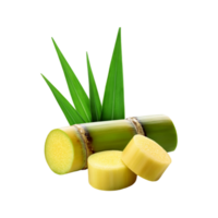 Fresh sugarcane with slices and green leaf on transparent background png