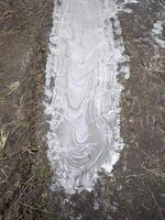 Dried mud patterns creating intricate swirls and organic textures on prague pathway, displaying natural ground cracking design photo