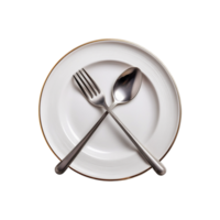 White ceramic plate with spoon and fork isolated on transparent background png