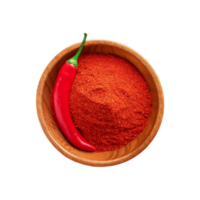 Top view of red chili powder wooden bowl on transparent background png