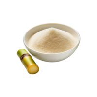 White bowl of sugar with sugarcane slice isolated on transparent background png
