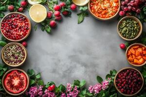 Traditional iranian new year - nowruz - dishes and decorations arranged on a gray background, creating a festive frame copy space photo