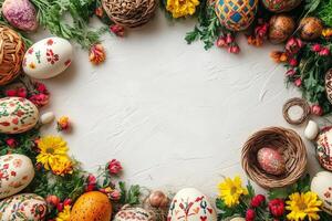 Nowruz celebration background featuring hand painted eggs, vibrant flowers, and wicker baskets, creating a festive frame with copy space photo