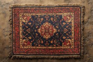 Persian carpet featuring delicate ornamental patterns, fringe edged, symbolizing nowruz festivity, resting on textured surface photo