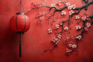 Red paper lantern hanging next to a cherry blossom branch on a red background, celebrating nowruz, the persian new year, with space for text photo