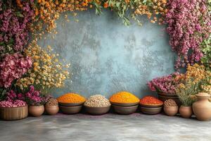 Traditional persian spices and flowers arranged for nowruz celebration, creating a vibrant and festive scene copy space photo
