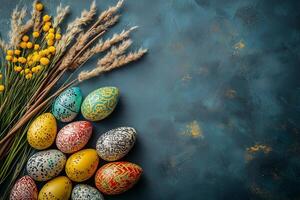 Decorated eggs, spring flowers, and wheat stalks arranged on a textured blue surface, celebrating persian new year, nowruz copy space photo