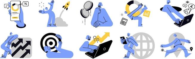 Creative business and finance concept. Illustrations of business strategy and planning, ecommerce and shopping, data analytics, management, startup, payment and security for graphic and web design. vector