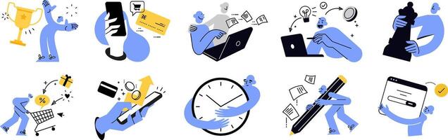 Creative business and finance illustrations of business strategy and planning, ecommerce and shopping, data analytics, management, startup, payment and security for graphic and web design. vector