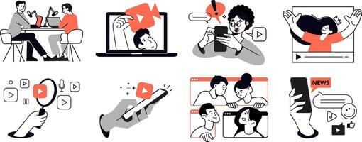 and podcast. Concept illustrations of multimedia, , streaming, podcast, broadcasting, webinar, social media, shorts, communication, app. vector