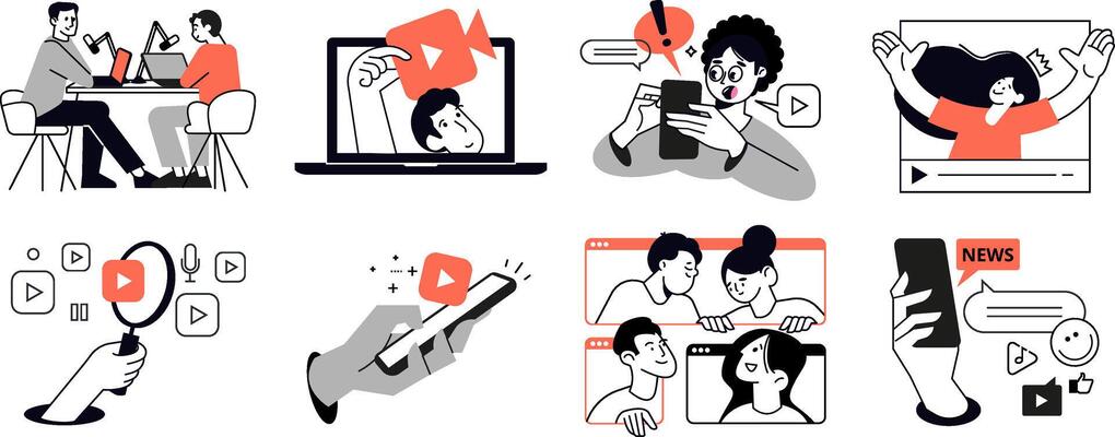 and podcast. Concept illustrations of multimedia, , streaming, podcast, broadcasting, webinar, social media, shorts, communication, app.
