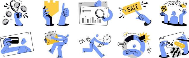 Creative business and finance illustrations. Concepts of business strategy and planning, ecommerce and shopping, data analytics, management, startup, payment and security for graphic and web design. vector