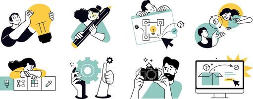 Design and software development. Illustrations of website and app design and development, seo, social media, content management, creative design and innovation. vector