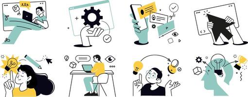 Design and software development illustrations. Concepts of website and app design and development, seo, social media, content management, creative design and innovation. vector