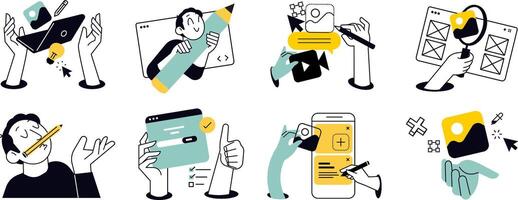 Design and software development concepts. Illustrations of website and app design and development, seo, social media, content management, creative design and innovation. vector