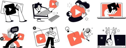 and podcast. Illustrations of multimedia, , streaming, podcast, broadcasting, webinar, social media, shorts, communication, app. vector