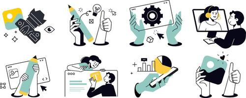 Design and software development illustrations of website and app design and development, seo, social media, content management, creative design and innovation. vector