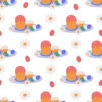 Seamless pattern with Easter symbols, Easter cake, on a platter, chamomile flowers and painted eggs in spring colors. For kitchen textiles, wrappers, and packaging. vector
