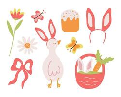 A spring set of Easter design elements, a goose character with rabbit ears, a basket, flowers, carrots, and butterflies. Holiday clipart in . vector