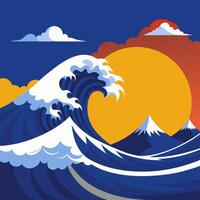 Dynamic Wave Cresting Near Mountain during Beautiful Sunset vector
