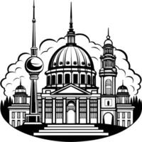 An elegant black and white rendering of a majestic temple with ornate domes and spires set against a backdrop of fluffy clouds vector