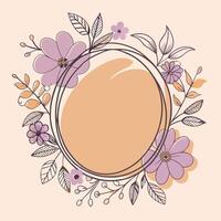 Circular floral frame with purple flowers and green leaves on a soft background vector