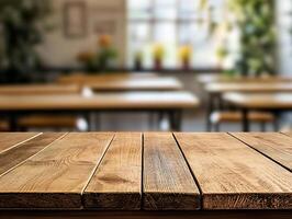 Wooden top with blurred empty classroom background. . photo