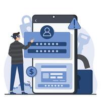 illustration in flat style. A man in virtual reality glasses is holding a smartphone with a login page. vector
