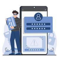 Smartphone security concept. illustration in flat style. Smartphone and hacker. vector