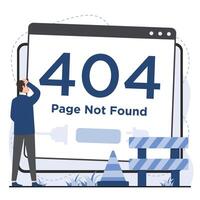 404 error page not found concept. flat cartoon illustration of man looking at 404 error page. vector