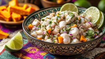 Fresh and Colorful Ceviche with Shrimp, Mango, Lime, and Cilantro Served in a Decorative Bowl on a Textile Background photo