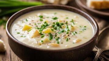 Creamy potato soup garnished with fresh chives served in a rustic bowl on a wooden table with bread and herbs in the background photo