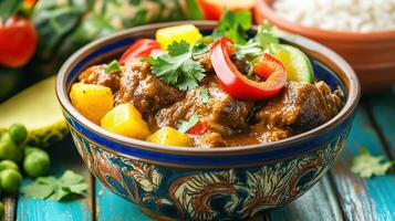 Colorful bowl of savory stew with chunks of meat, potatoes, and fresh vegetables garnished with herbs, set against a rustic wooden background photo