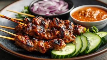 Grilled Skewers of Tender Meat Served with Fresh Cucumbers, Chopped Onions, and Rich Peanut Sauce on a Modern Plate photo