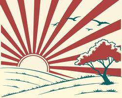 Sky, cloudy days and the sun shining in the evening. Sunrise a clean minimalist with a radial burst illustration. vector