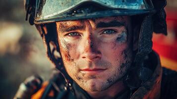 Intense Portrait of a Young Firefighter with Smudged Face, Protective Gear, and Determined Expression Amidst Challenging Conditions and Smoke Haze photo