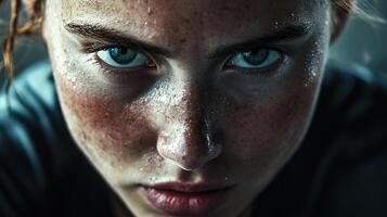 Intense Close-Up of a Young Woman with Freckles and Blue Eyes, Showing Determination and Focus After Physical Activity, Captured in Dim Lighting photo