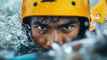 Intense Close-Up of a Young Male Adventurer in Yellow Helmet Battling Waves, Captivating Expression Amidst Nature's Turbulence, Water Splashing Dramatically photo