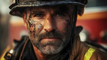 Determined Firefighter Portrait with Smoke, Ash and Dirt Highlighting the Hard Work and Courage of First Responders in Emergency Situations photo