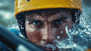 Intense Kayaker Navigates Rapid Waters with Determination, Face Covered in Water Droplets and Focused Expression in Extreme Adventure Sports Environment photo